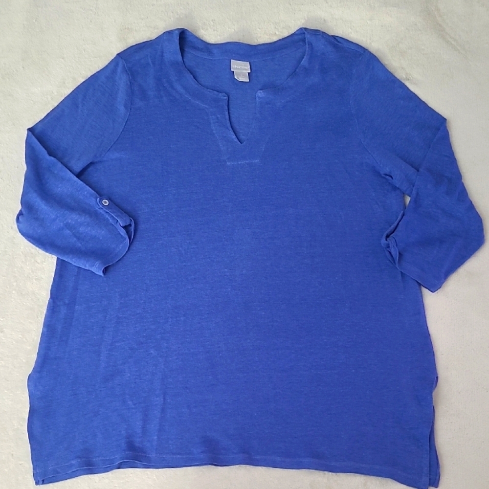 Chicos Womens Linen Tunic Top Blue Split Neck 3/4 Sleeve Size 2 Large Vacation